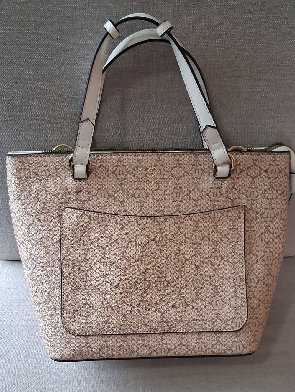 Nanette Lepore Beige Monogram Tote with White Handles